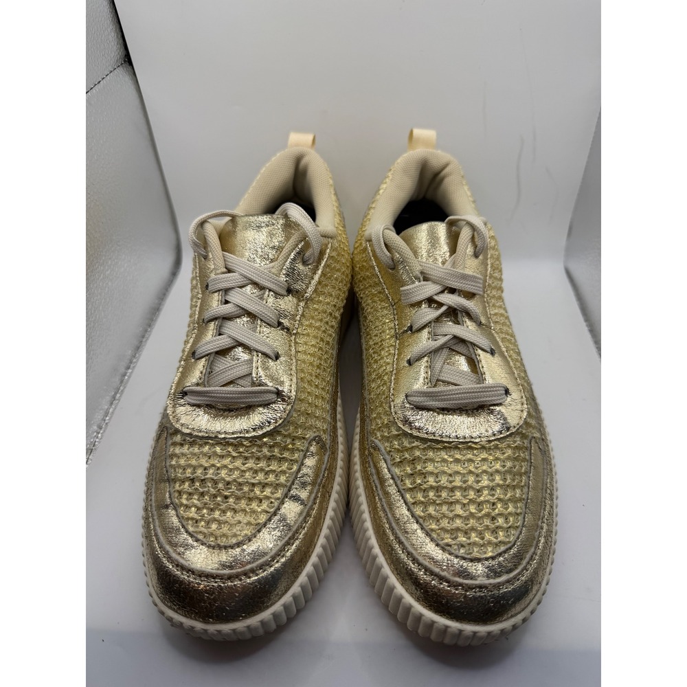 La Sheelah Womens Gold Metallic Woven Mesh Platform Sneakers Shoes Size 7.5‎